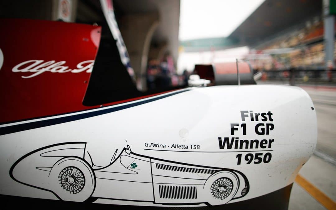 A lfa Romeo at GP number 1000 with a livery that celebrates Nino Farina’s win at the first Formula One race – Silverstone 1950 – on Alfa Romeo 158