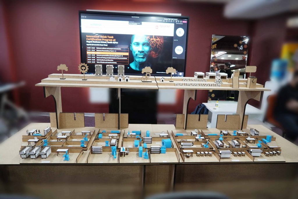 A model of the South African Healthcare Ecosystem and a hospital created in the iLeadLab at Regent Business School