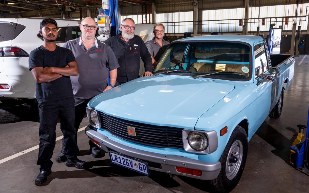 45 years ago (in 1979) the first generation of light commercial vehicles carrying the ISUZU brand name came off the production line at ISUZU’s Nelson Mandela Bay Plant. Our engineering team (from left to right) Daryl Chetty, Le Clue Mostert, Sarel Du Plessis and Francois Schellingerhout were instrumental in the restoration of this blue first-generation ISUZU bakkie.